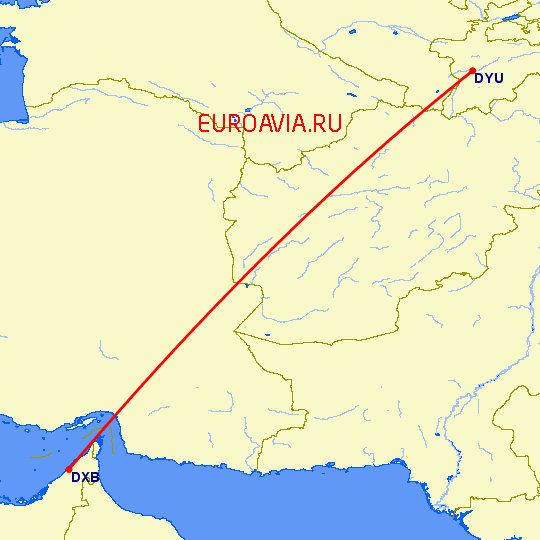 перелет Дубай — Душанбе на карте