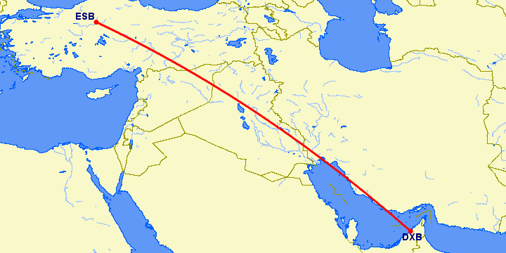 перелет Дубай — Анкара на карте