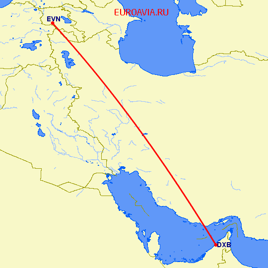 перелет Дубай — Ереван на карте