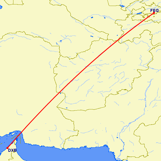 перелет Дубай — Фергана на карте