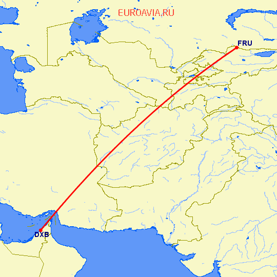 перелет Дубай — Бишкек на карте