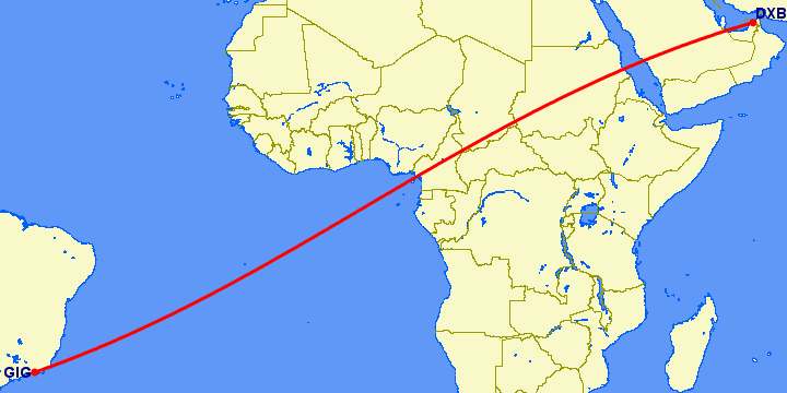 перелет Дубай — Рио-де-Жанейро на карте