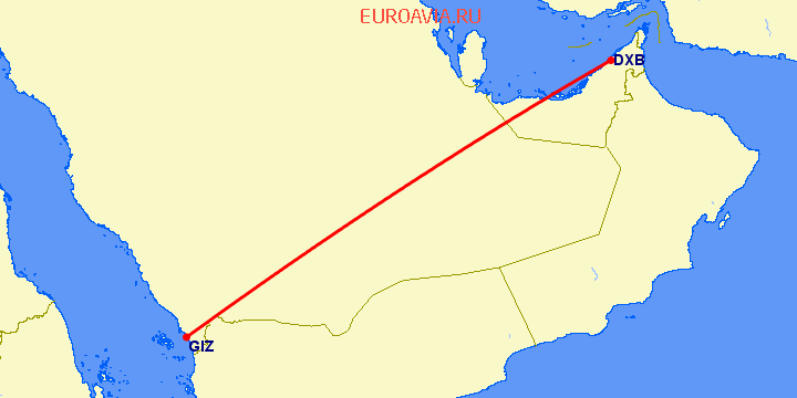 перелет Дубай — Jazan на карте