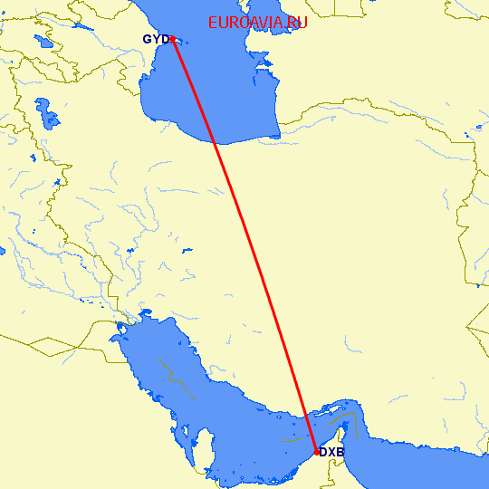 перелет Дубай — Баку на карте