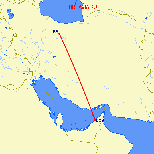 перелет Дубай — Тегеран на карте