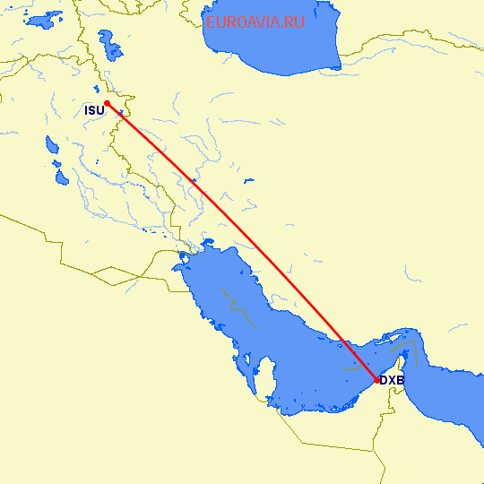 перелет Дубай — Сулеймания на карте