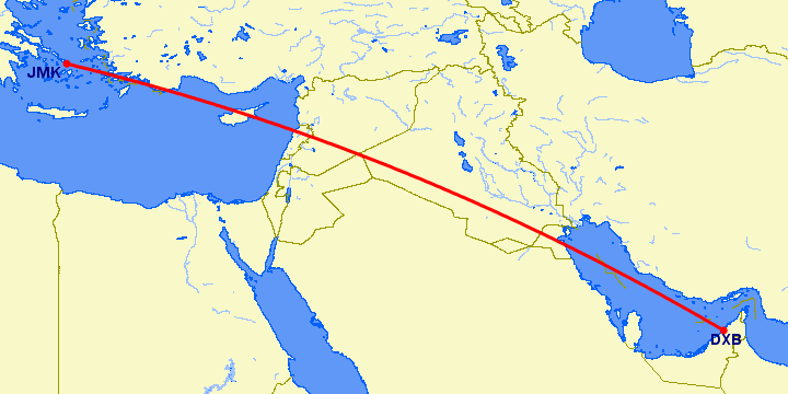 перелет Дубай — Миконос на карте