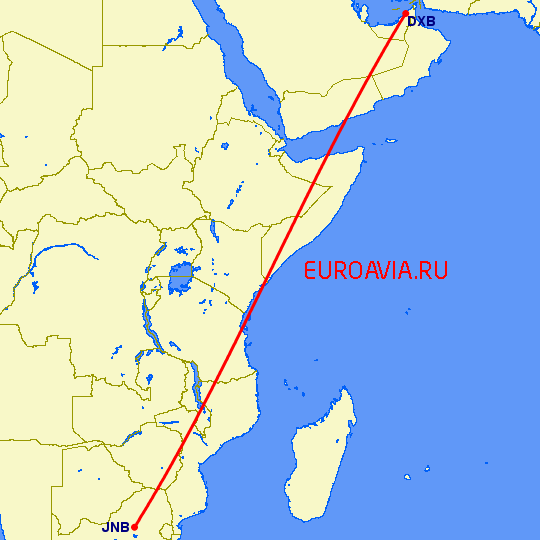 перелет Дубай — Йоханнесбург на карте
