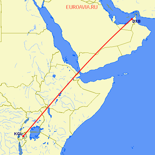 перелет Дубай — Кигали на карте