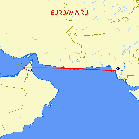 перелет Дубай — Карачи на карте