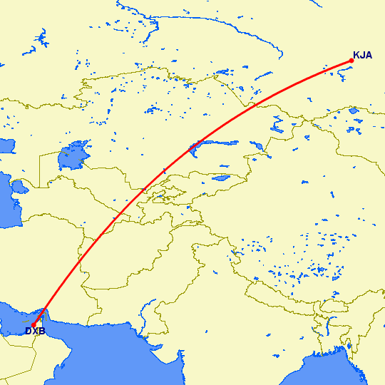 перелет Дубай — Красноярск на карте