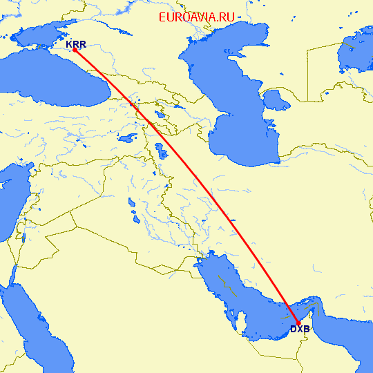 перелет Дубай — Краснодар на карте