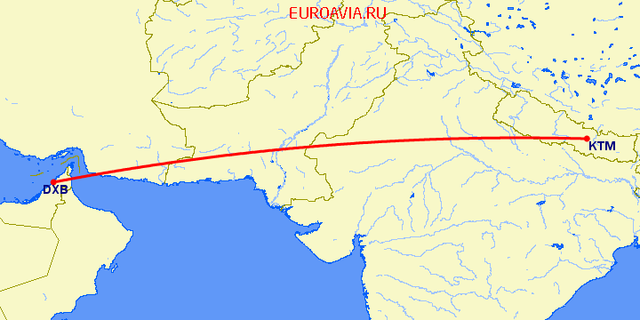 перелет Дубай — Катманду на карте