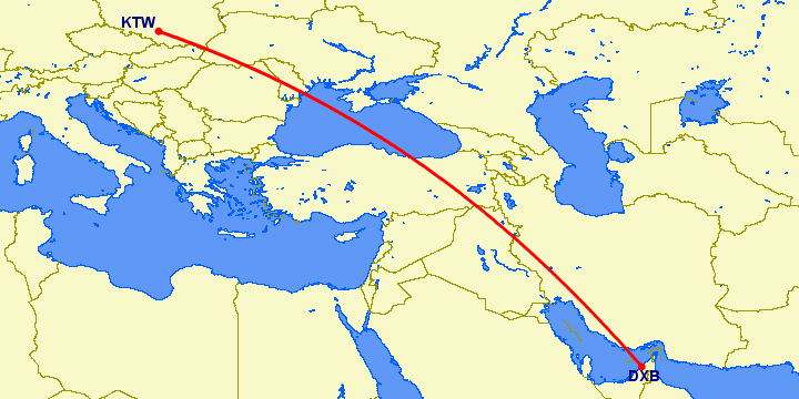перелет Дубай — Катовице на карте