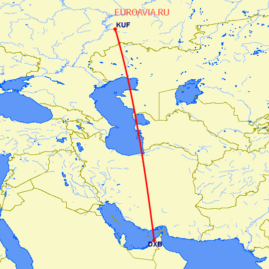 перелет Дубай — Самара на карте