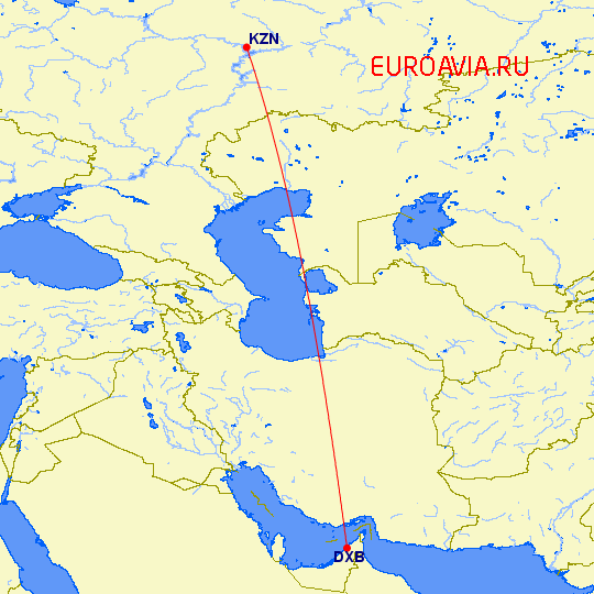 перелет Дубай — Казань на карте