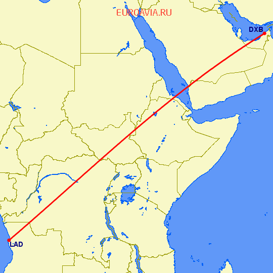 перелет Дубай — Луанда на карте