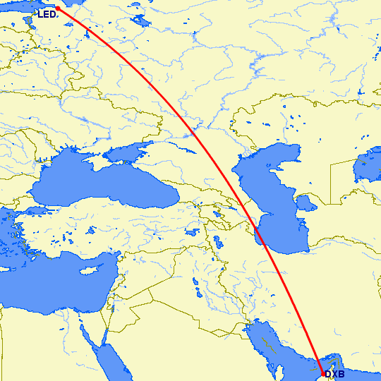 перелет Дубай — Санкт Петербург на карте