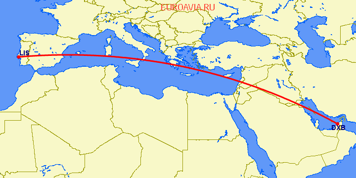 перелет Дубай — Лиссабон на карте