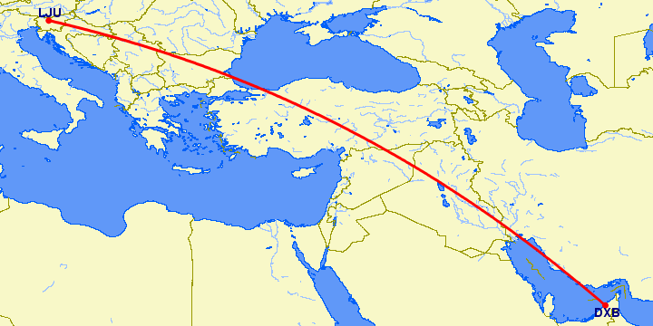 перелет Дубай — Любляна на карте