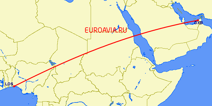 перелет Дубай — Лагос на карте