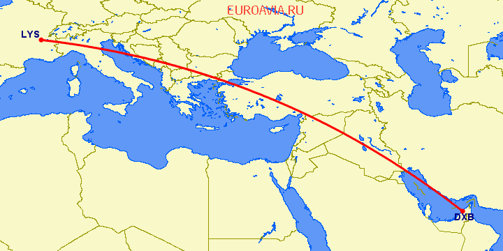 перелет Дубай — Лион на карте