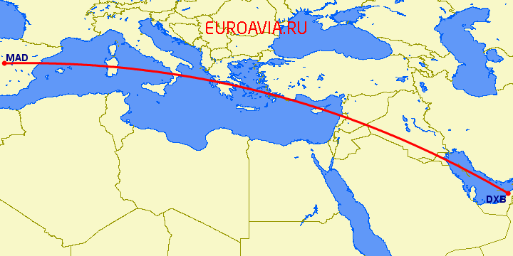 перелет Дубай — Мадрид на карте