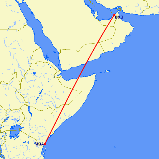 перелет Дубай — Момбаса на карте