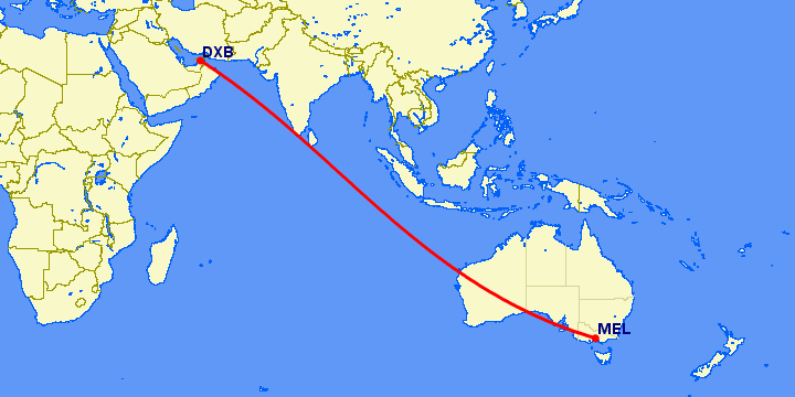 перелет Дубай — Мельбурн на карте