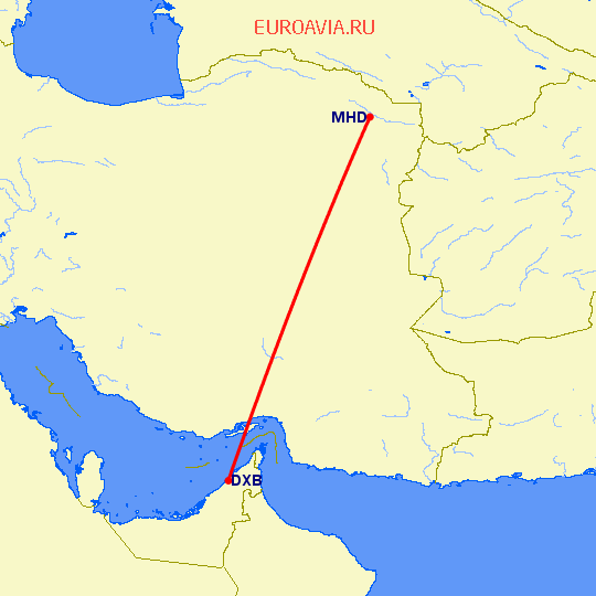 перелет Дубай — Машад на карте