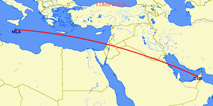 перелет Дубай — Мальта на карте