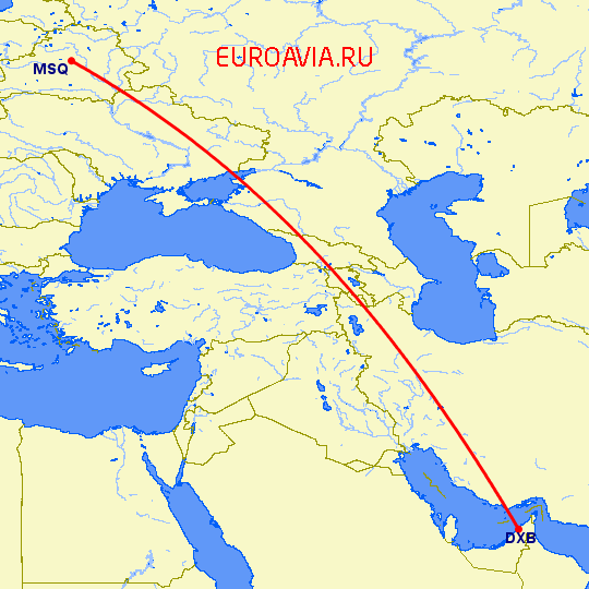 перелет Дубай — Минск на карте
