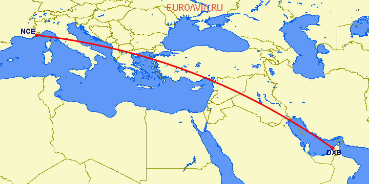 перелет Дубай — Ницца на карте