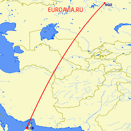 перелет Дубай — Нур-Султан на карте
