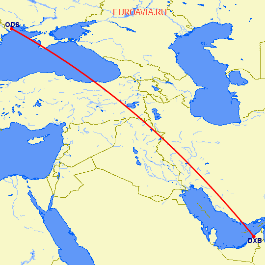 перелет Дубай — Одесса на карте