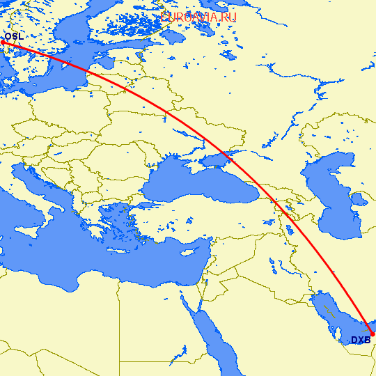 перелет Дубай — Осло на карте
