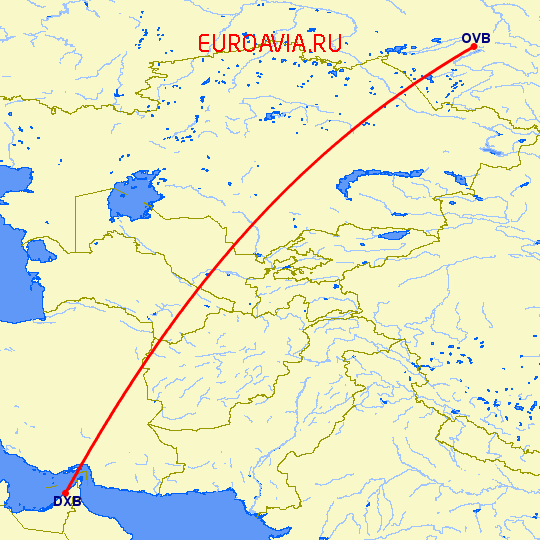 перелет Дубай — Новосибирск на карте