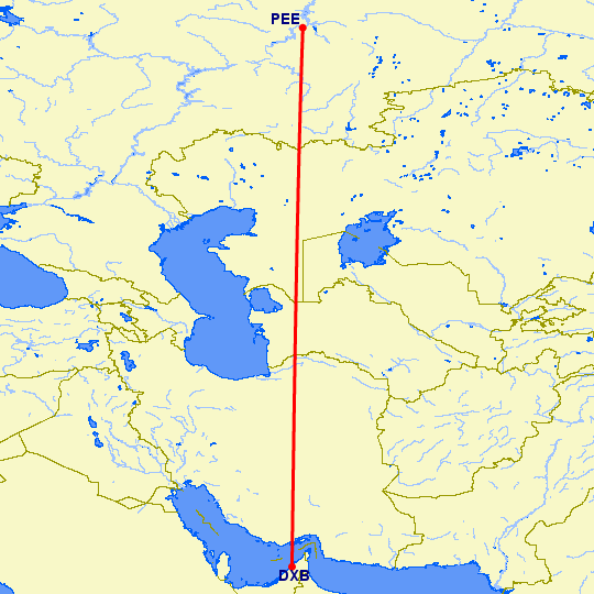 перелет Дубай — Пермь на карте