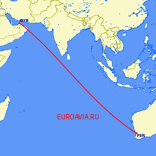 перелет Дубай — Перт на карте