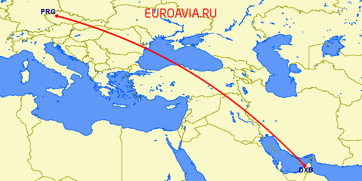 перелет Дубай — Прага на карте