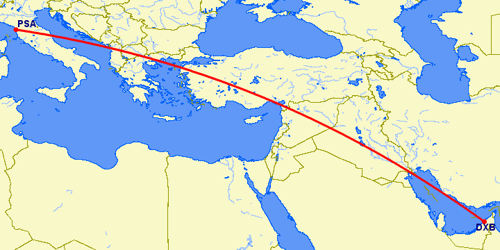 перелет Дубай — Пиза на карте