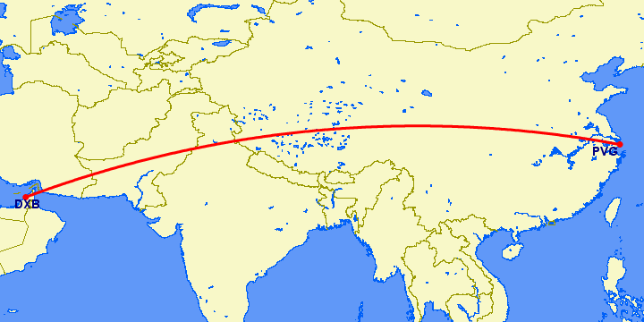перелет Дубай — Шанхай на карте