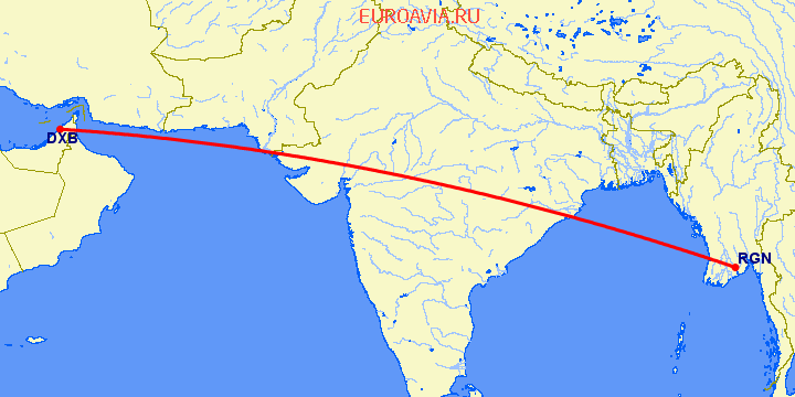 перелет Дубай — Янгон на карте