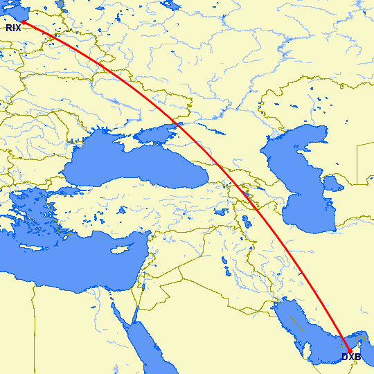 перелет Дубай — Рига на карте