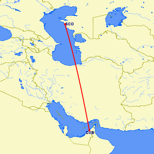 перелет Дубай — Актау на карте