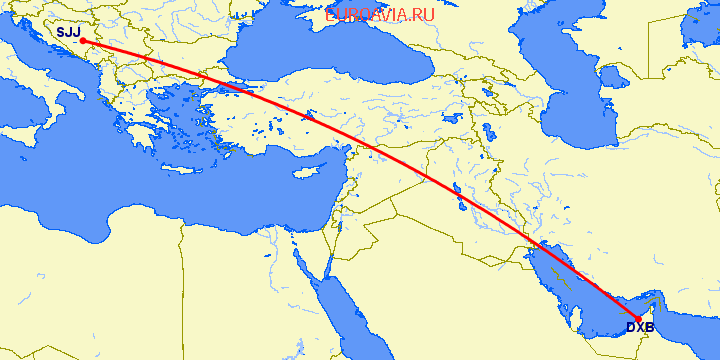 перелет Дубай — Сараево на карте