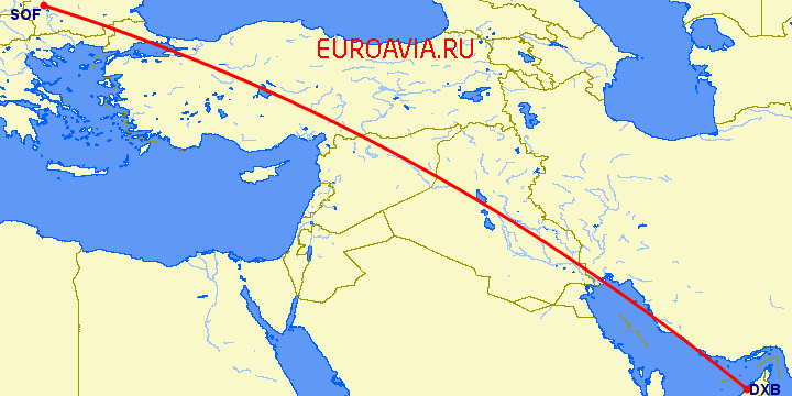 перелет Дубай — София на карте