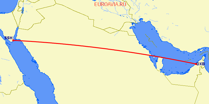 перелет Дубай — Шарм эль Шейх на карте