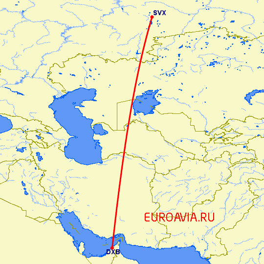 перелет Дубай — Екатеринбург на карте