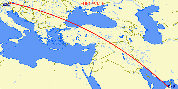 перелет Дубай — Зальцбург на карте